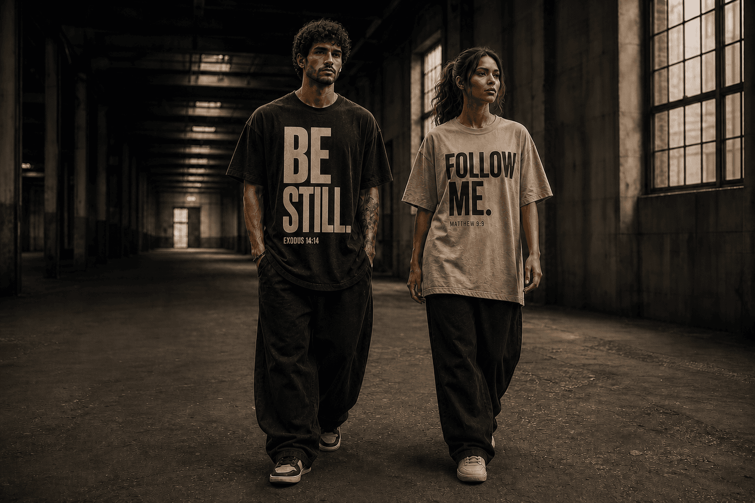 Man wearing a BE STILL Exodus 14:14 tee walking beside a woman wearing a FOLLOW ME Matthew 9:9 tee
